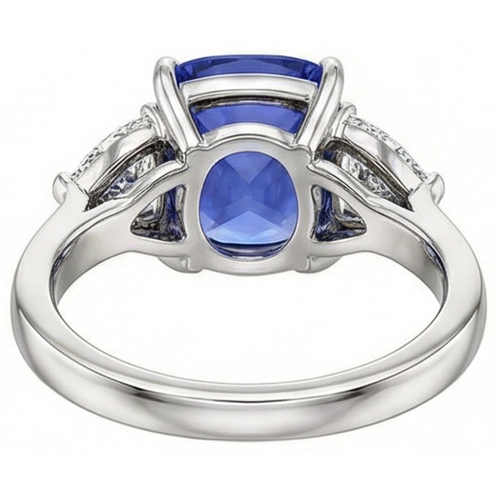 Cuscino Tanzanite AAA Diamanti Naturali Autentici ( non creati in laboratorio ) 3 Carati Anello 3 Pietre Oro Bianco 14K