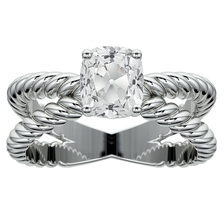 Cuscino Old Miner Vero Diamond Solitaire Ring Split Rope Style 3.75 Carati