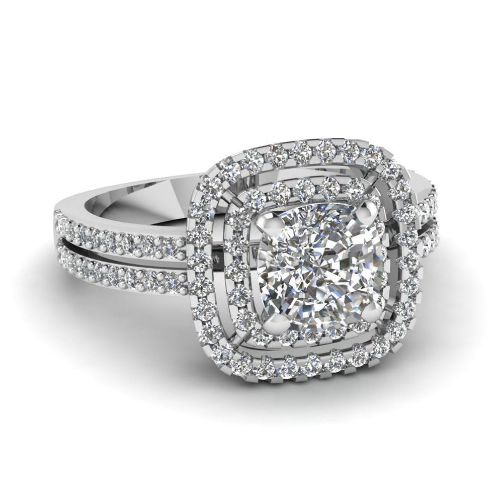 Cushion And Round Cut Double Halo Naturale Diamond Ring 2.50 Carats WG 14K