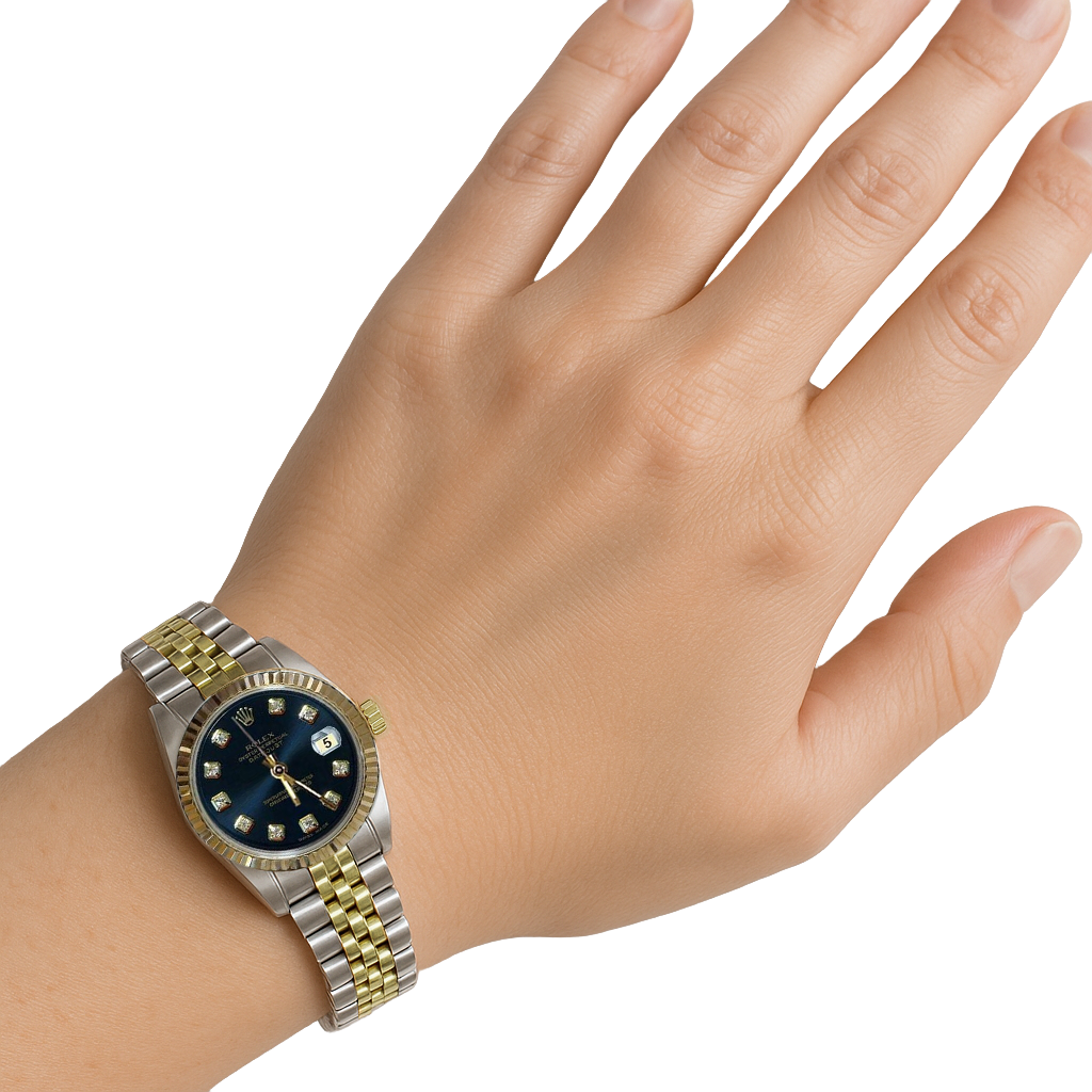 Datejust Rolex orologio da donna con quadrante con diamanti blu, acciaio inossidabile e oro Jubilee