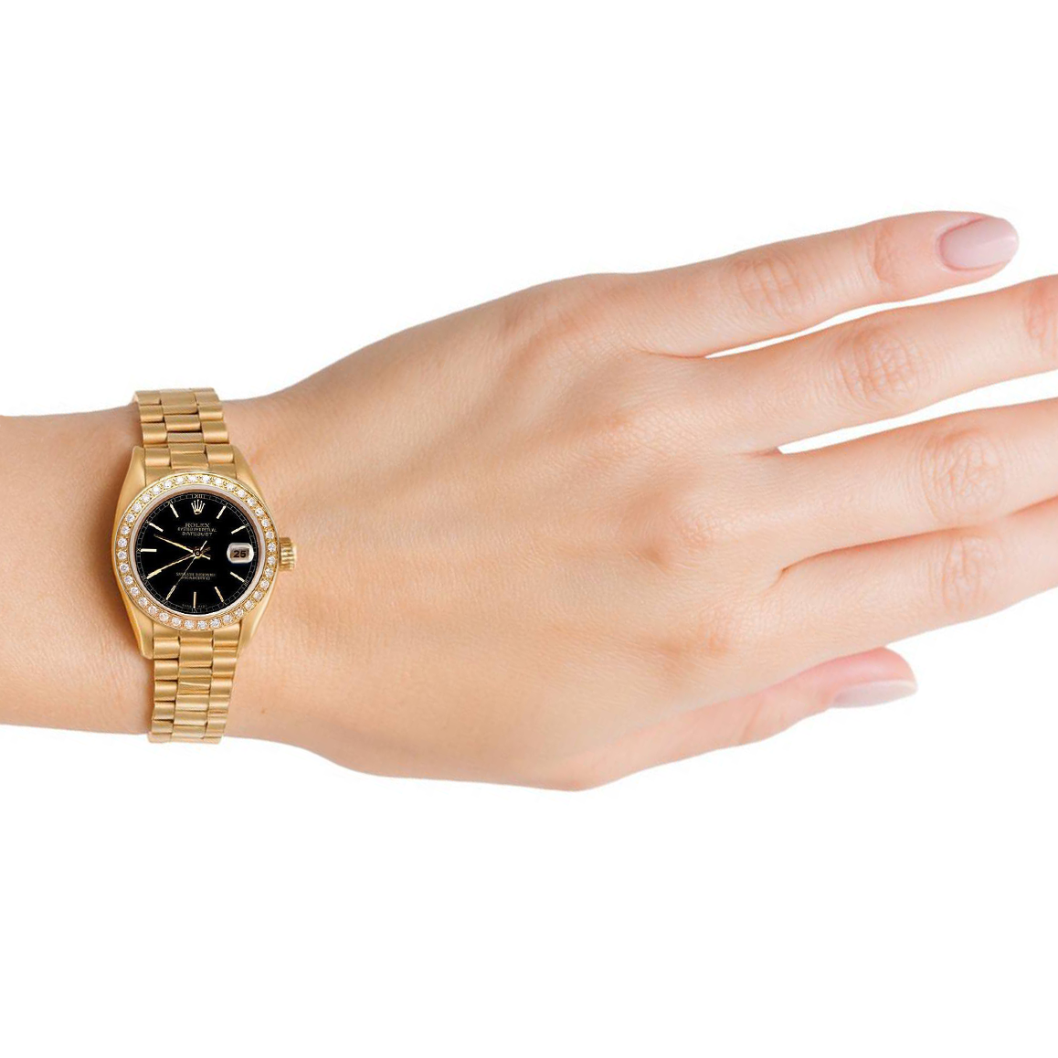 Datejust Rolex quadrante nero con bastone orologio presidenziale lunetta in oro con diamanti