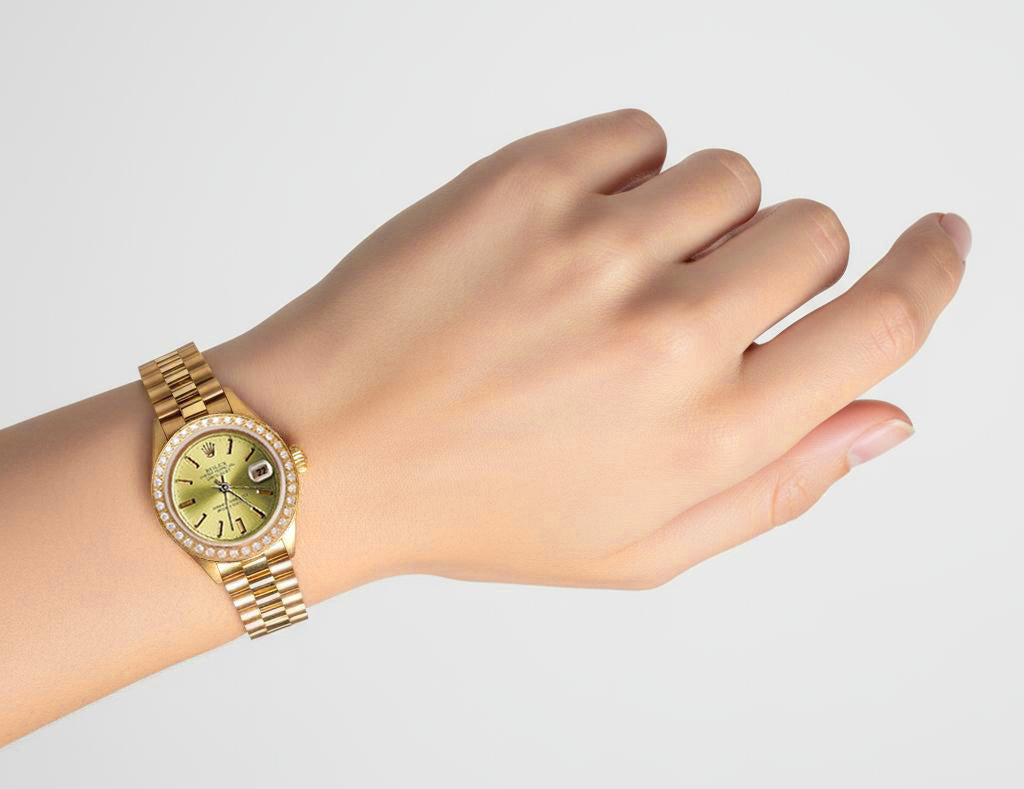 Datejust Rolex stile presidenziale quadrante con diamanti quadrante champagne bastone oro P2