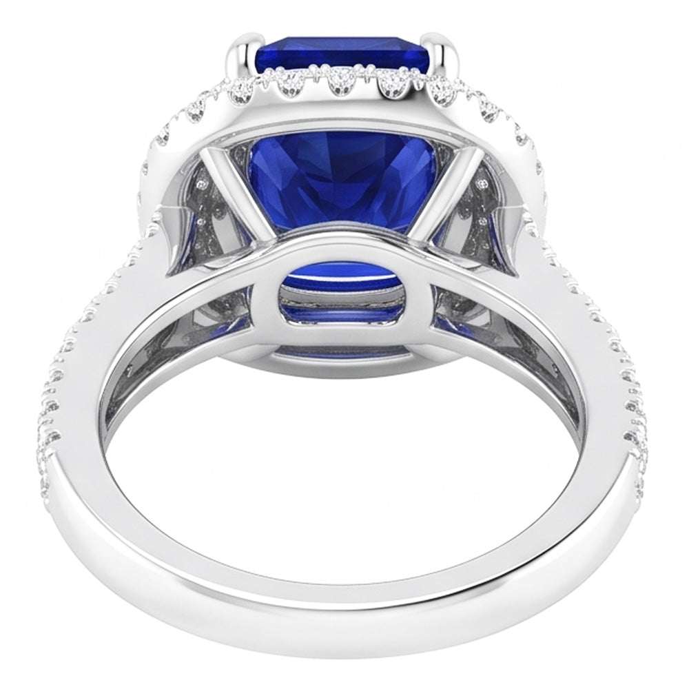 Doppio anello Halo con cuscino da 4,50 carati in zaffiro blu con gambo diviso in pavé