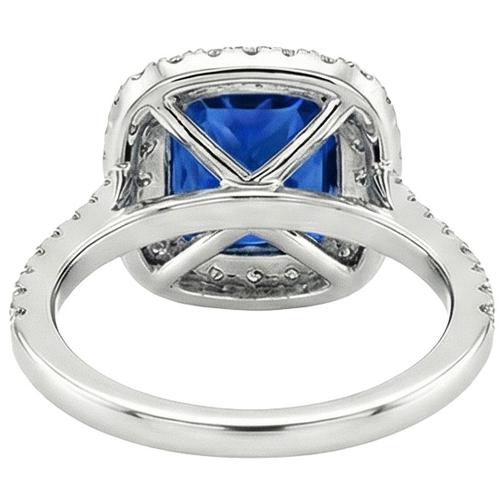 Doppio anello di diamanti Halo Cuscino con accenti di zaffiro di Ceylon 3.25 carati