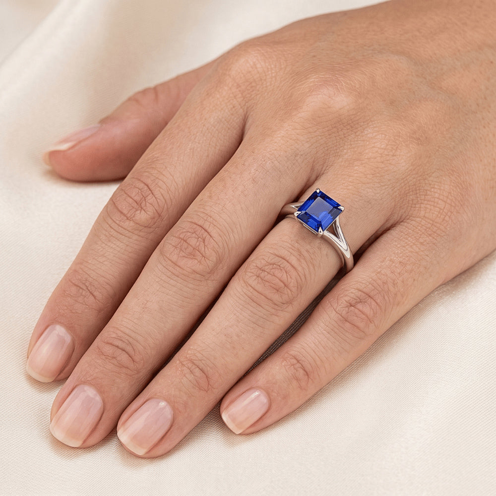 Eagle Claws Solitaire Asscher Anello con taglio a gambo diviso Zaffiro blu 1,50 carati