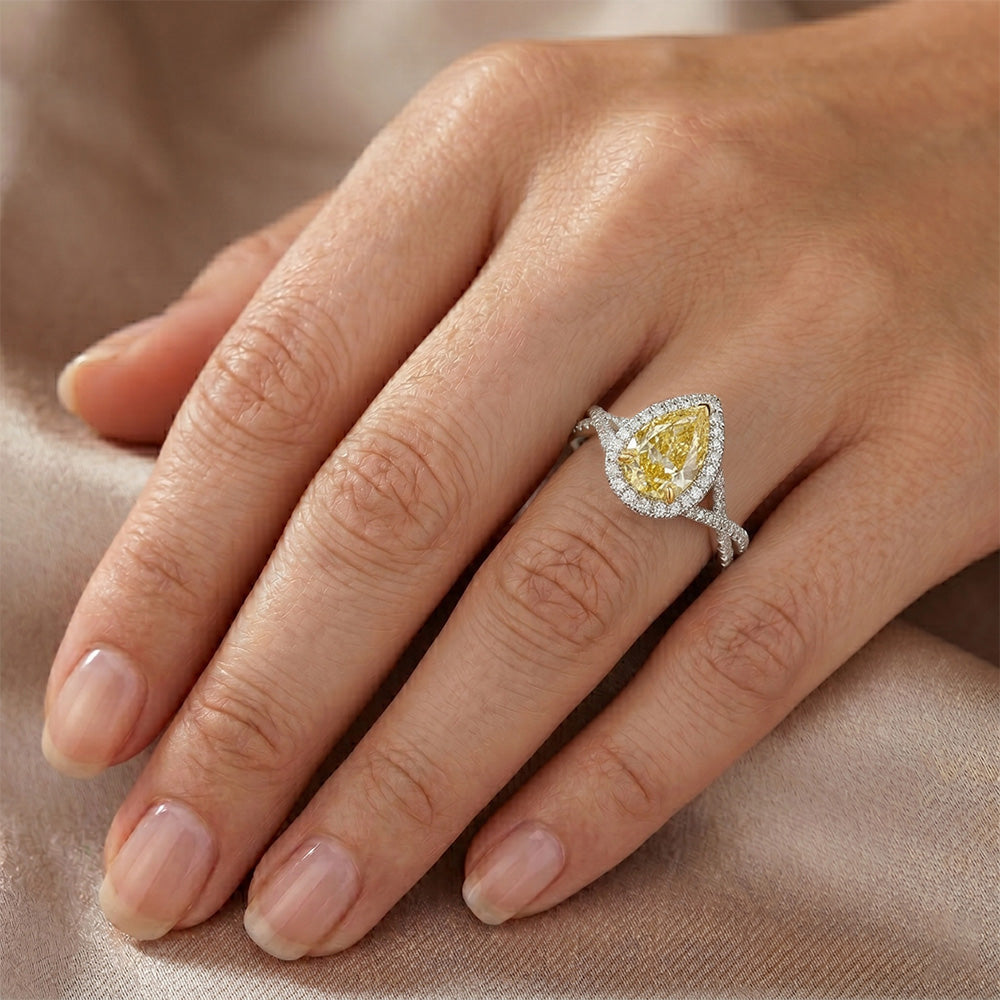 Fatto a mano Purezza VVS Diamante Giallo Canarino Anello Halo