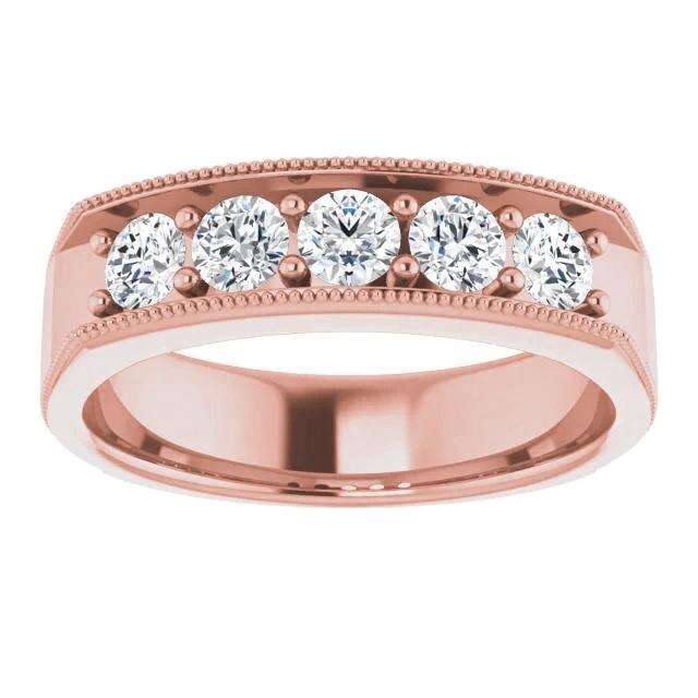 Fede Nuziale Con Naturale Diamanti Comfort Fit Gioielli In Oro Rosa Con Cinque Pietre Milgrain Da 1 Ct