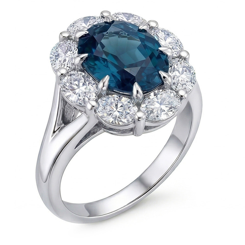 Fede nuziale Halo con zaffiro blu ovale 3,30 carati e diamante in oro bianco 14K