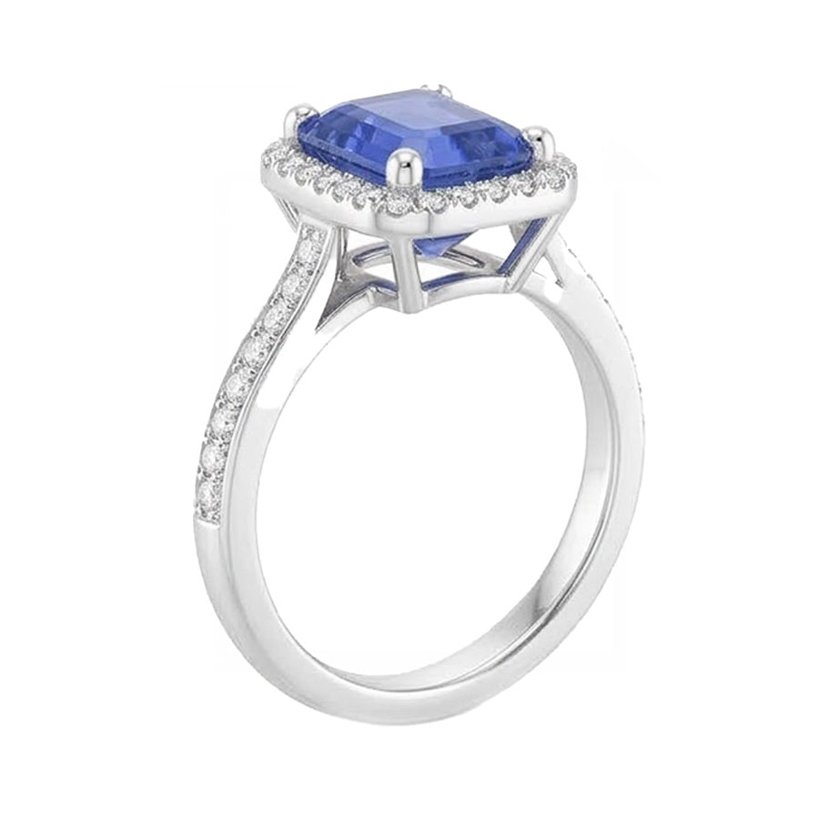Fede nuziale Halo con zaffiro blu taglio smeraldo da 3,50 carati e diamante in oro