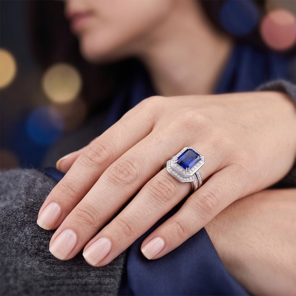 Fede nuziale Halo smeraldo Zaffiro Oro bianco 4,50 carati di diamanti
