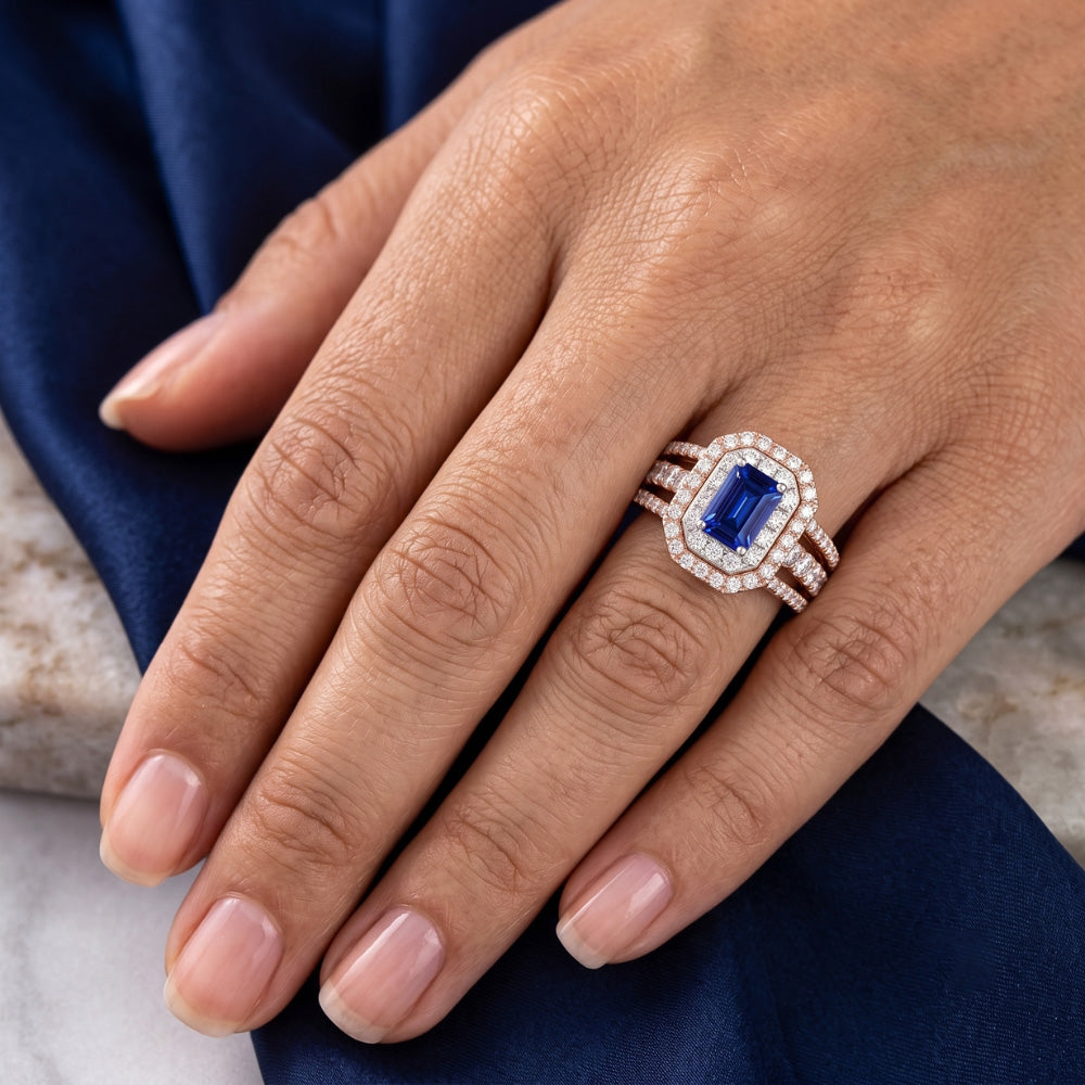 Fede nuziale con gemma di zaffiro blu doppio alone 3 carati in oro rosa 14K
