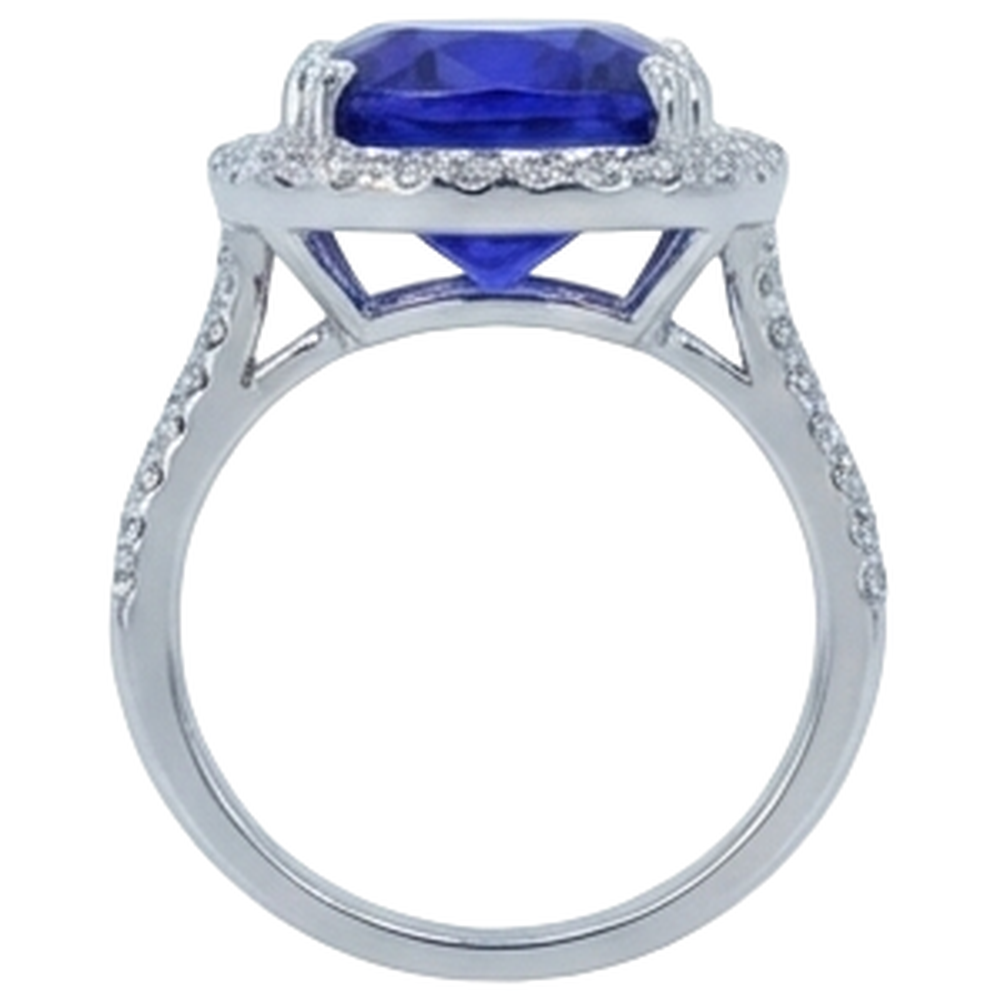 Fede nuziale in oro 14 kt con tanzanite a cuscino e diamante da 6.50 ct
