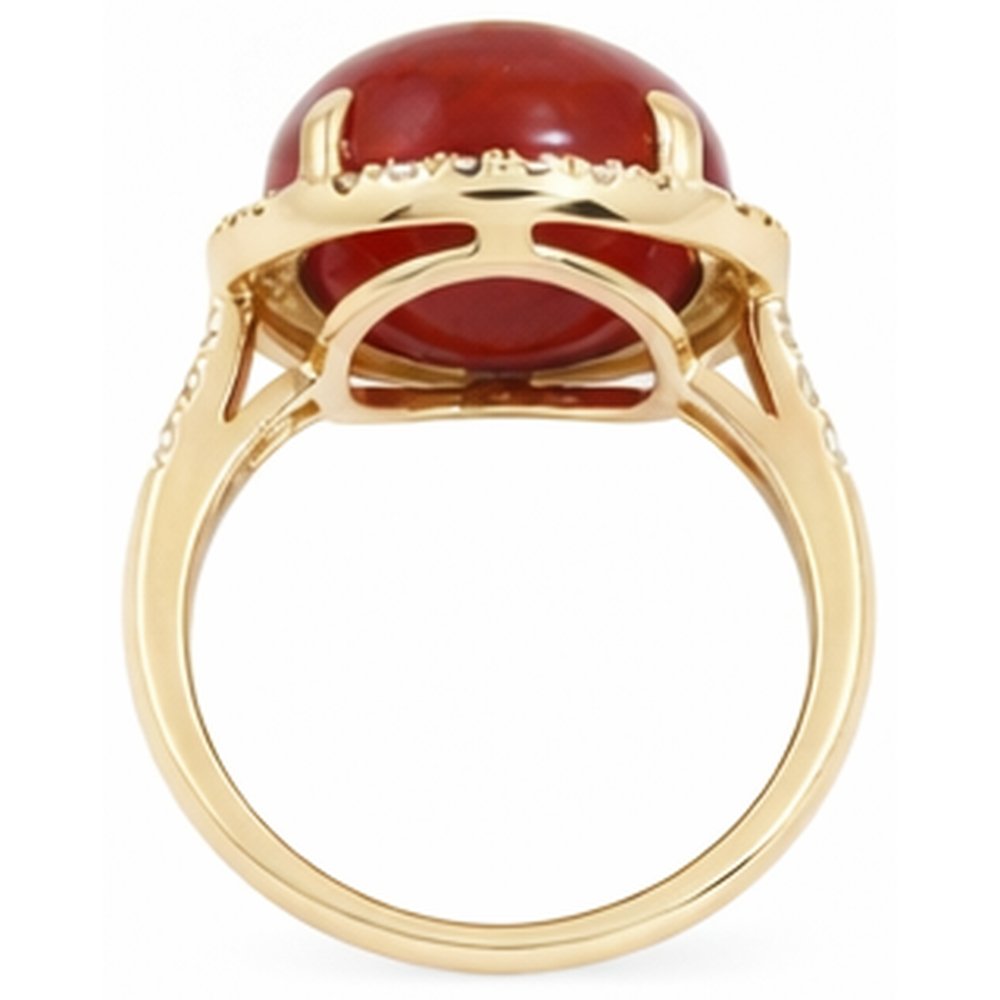 Fede nuziale in oro 14k con corallo rosso grande e piccoli diamanti da 17 ct