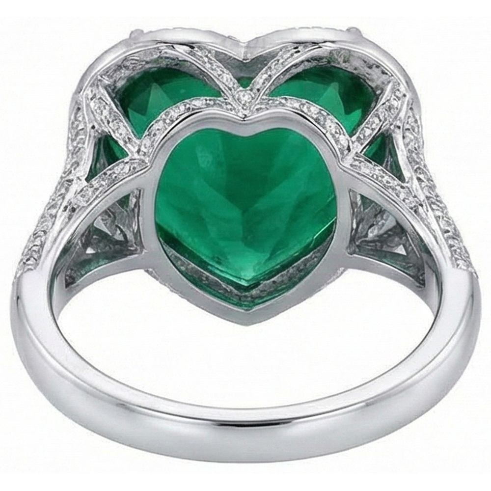 Fede nuziale in oro bianco 14K con diamanti e Verde smeraldo taglio cuore verde 9 ct