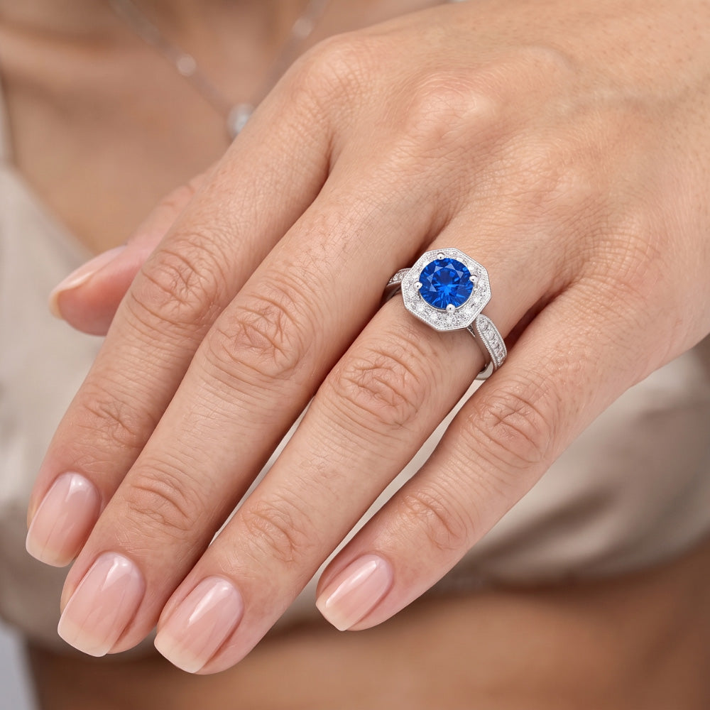 Fede nuziale in oro bianco 14K con zaffiro e diamanti da 1,50 ct