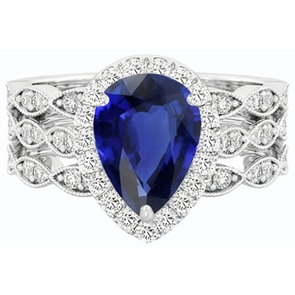 Fede nuziale stile vintage Halo con 4,50 carati taglio a pera incastonato blu zaffiro e diamante