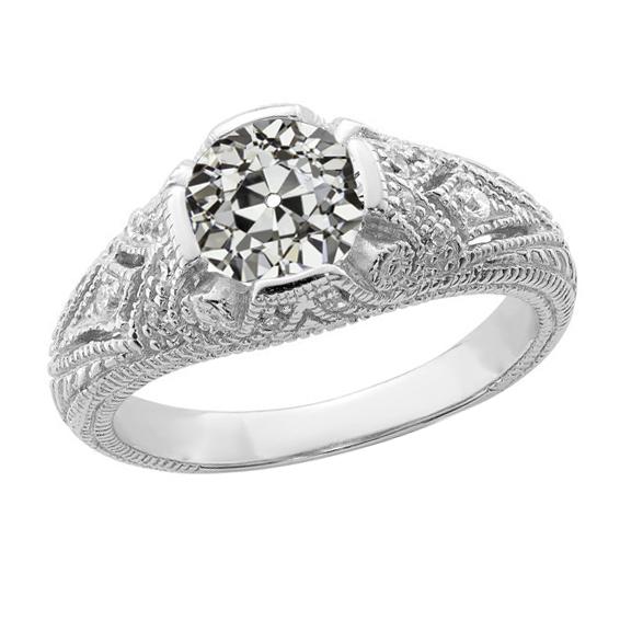 Fede Nuziale In Stile Antico Con Genuino Diamante Taglio Antico Rotondo 2,50 Carati Milgrain