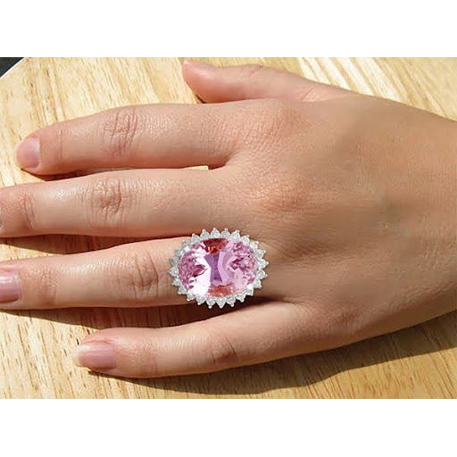 Fede Nuziale in Oro Bianco 14K Con Kunzite Rosa E Diamanti Taglio Ovale 22 ct