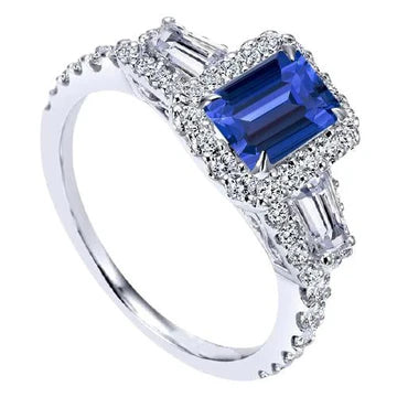 Fede nuziale Halo con diamanti Baguette blu smeraldo zaffiro da 3,50 carati in oro bianco 14K