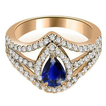 Fede nuziale Halo con zaffiro blu pera da 4,50 carati e diamante in oro bianco 14K