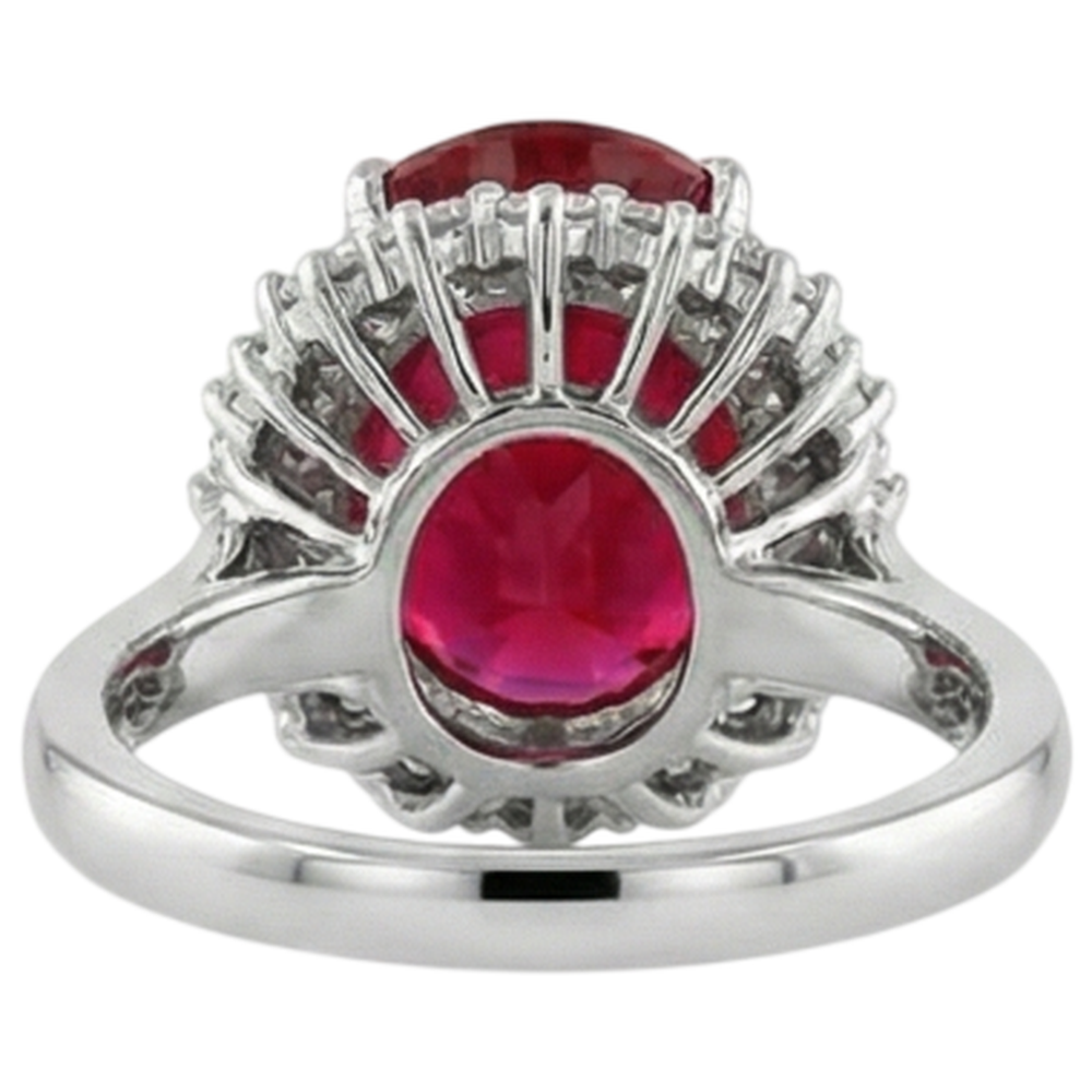 Gemma rubino rosso di forma ovale con anello di diamanti in oro bianco 14 carati 10.50 ct