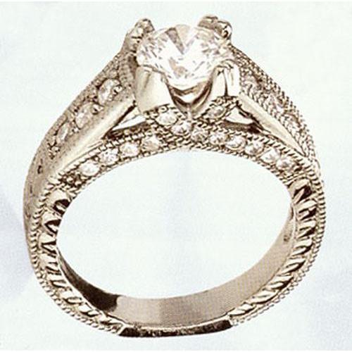 Genuino Anello Di Fidanzamento In Stile Antico Con Gambo Diviso 1.38 Carati In Oro Bianco 14K