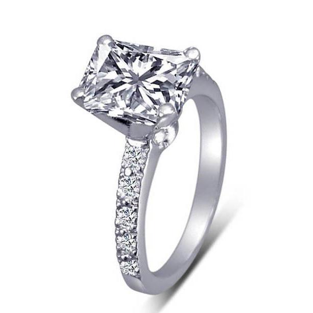 Genuino Diamante Radiante 2 Carati Anello Di Fidanzamento Con Accenti Oro Bianco 14K
