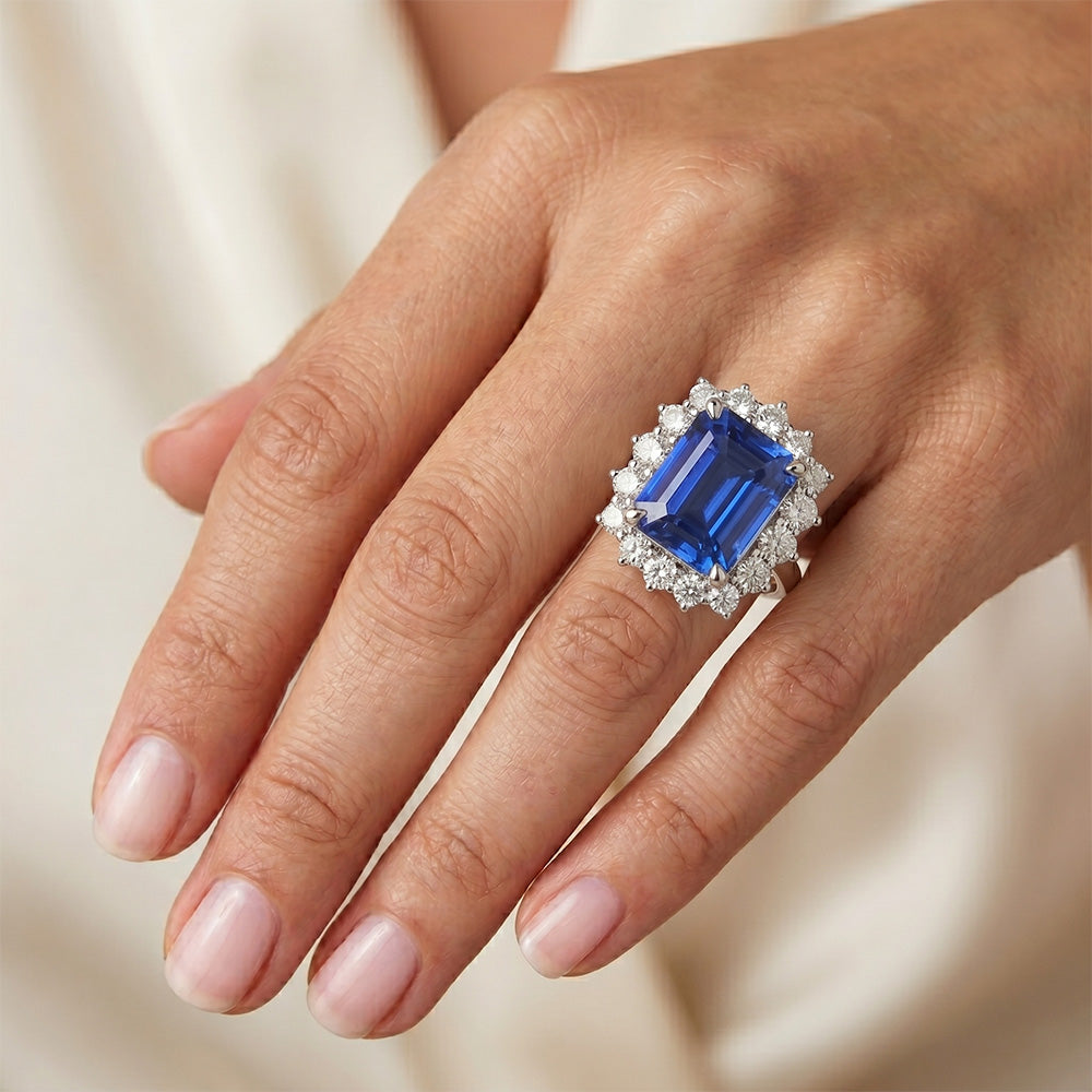 Halo Diamond Emerald Ceylon Zaffiro Anello di fidanzamento 8.20 carati
