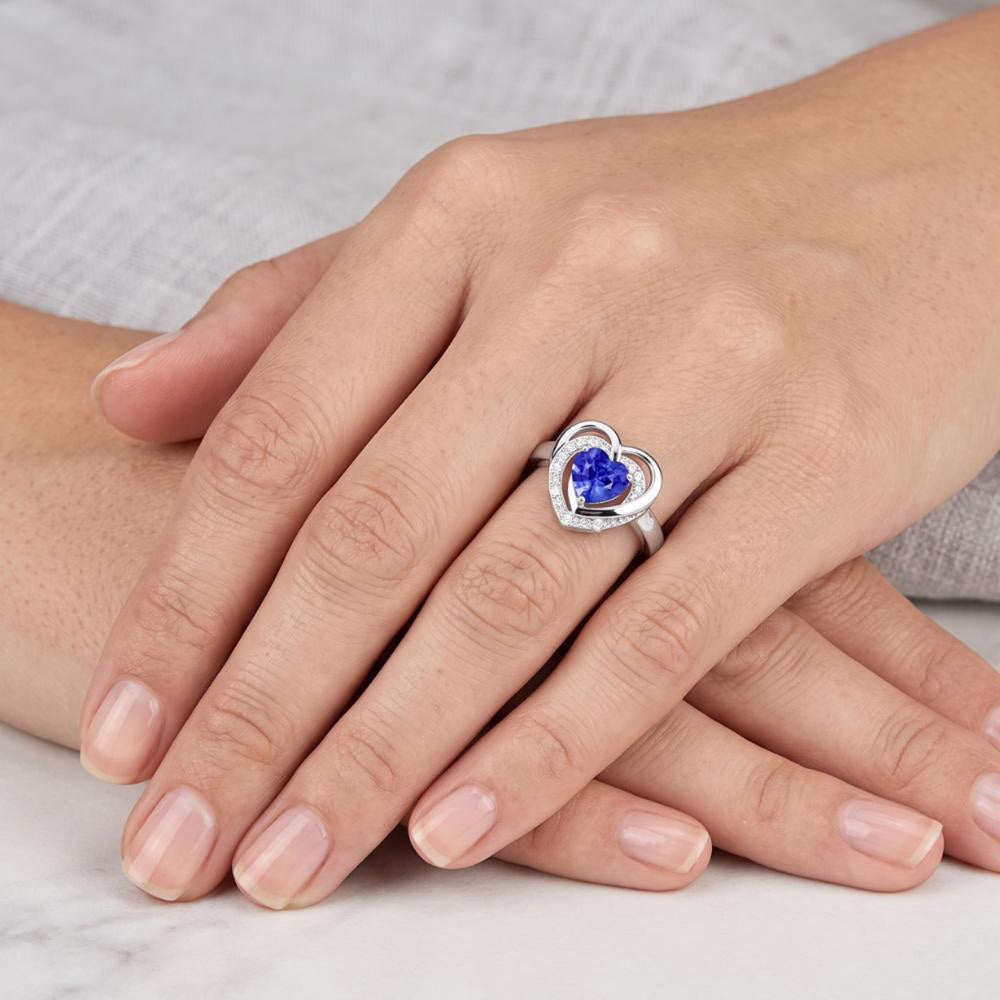 Halo Gemstone Heart Ring Blue Sapphire Jewelry 1,50 carati in oro bianco 14K