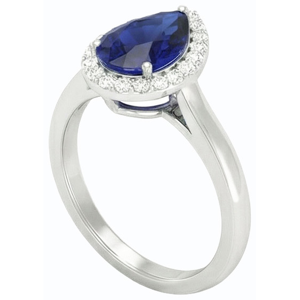 Halo Pear Deep Blue Sapphire Ring Oro bianco 3 carati Gioielli