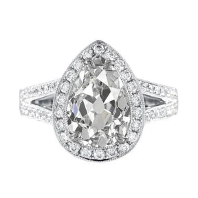 Halo Pear Old Mine Cut Vero Diamond Ring 4.75 Carati Con Gambo Milgrain Diviso