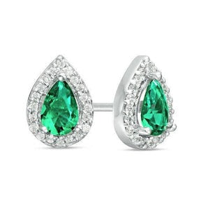 Halo Women Stud Verde smeraldo e diamante Cluster Orecchini in oro bianco 14 k 5 carati