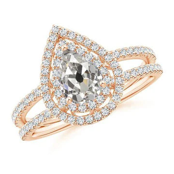 Halo Anello Di Fidanzamento Pera Vecchia Miniera Vero Diamante 2.50 Carati Cotoletta Grande