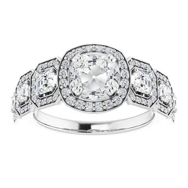Halo Anniversary Anello Cuscino Vecchio Minatore Genuino Diamante 9.75 Carati Oro Bianco