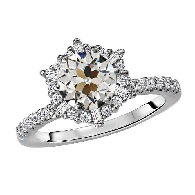 Diamante Fine Cuscino Antico Anello Halo in Oro 14 Carati Bianco – vista principale