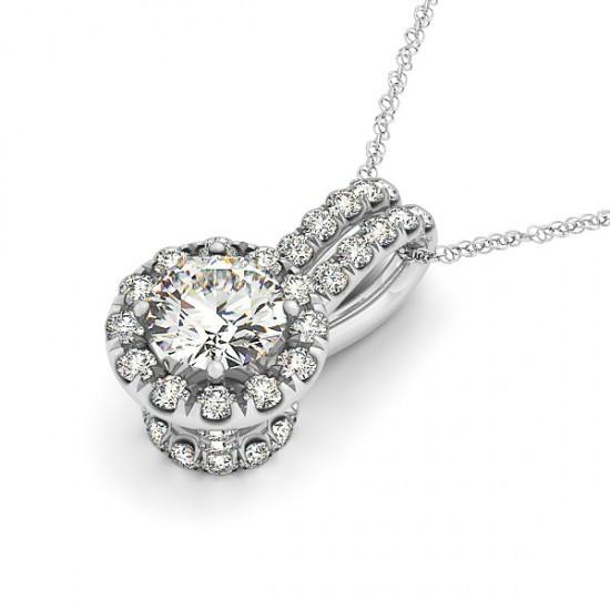 Halo Collana Pendente Con 2 Vero Diamanti Tondi Carati Senza Catena In Oro Bianco 14K