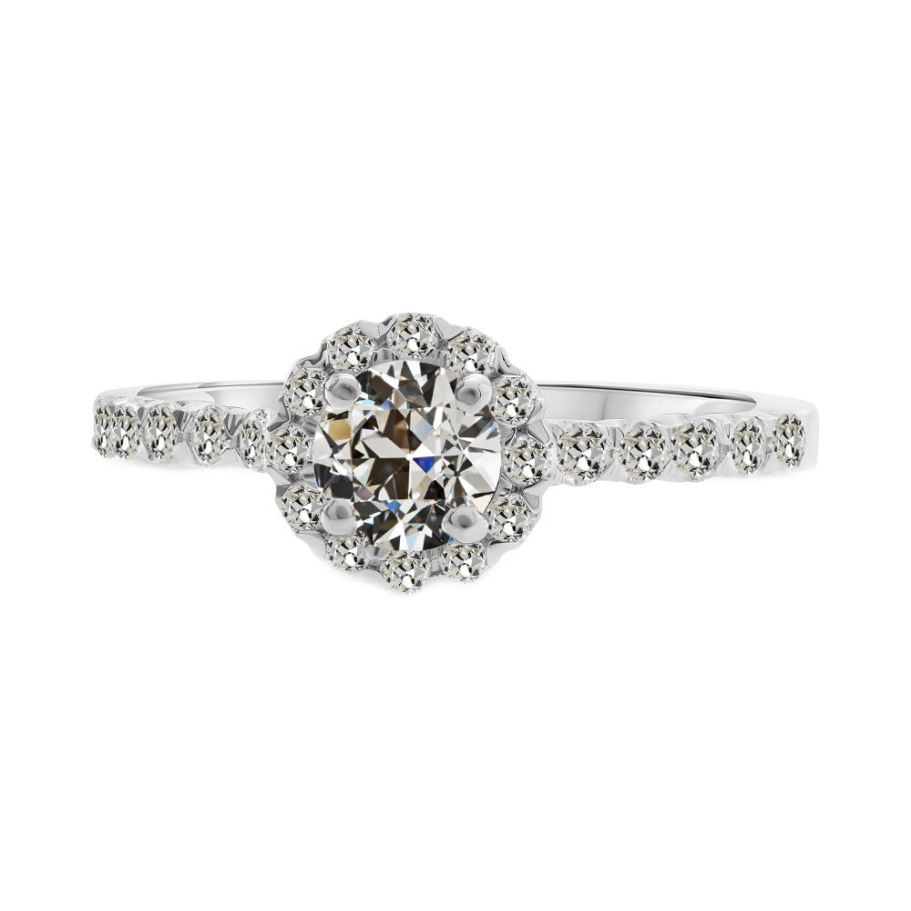 Brillante Cuscino Antico Anello con Pavé Halo in Oro Bianco 14K – vista principale