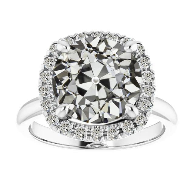 Halo Il Giro Old Mine Cut Vero Diamante Ring Prong Set Oro 14K 9 Carati