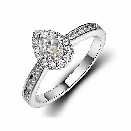Halo Il Giro & Pear Old Mine Cut Vero Diamante Ring Gambo Affusolato 2,50 Carati