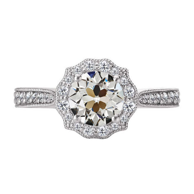 Diamante Fine Cuscino Antico Anello con Pavé Halo in Oro Bianco 14K – vista principale