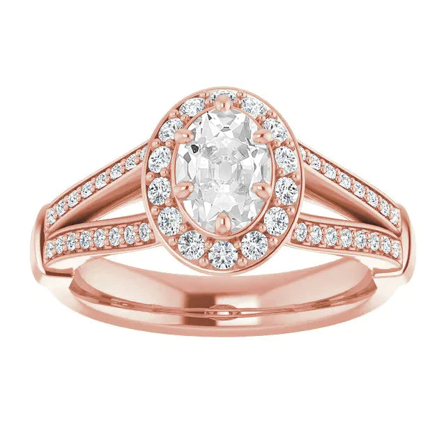 Halo Oval Old Miner Genuino Diamond Ring Split Shank 6 Broches Set 4 Carats