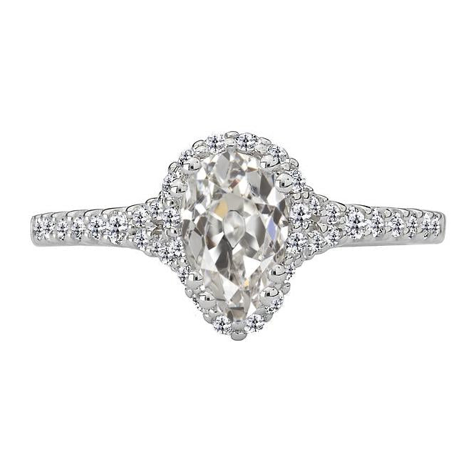 Halo Pear Old Mine Cut Vero Diamante Wedding Ring Oro Bianco 4,50 Carati