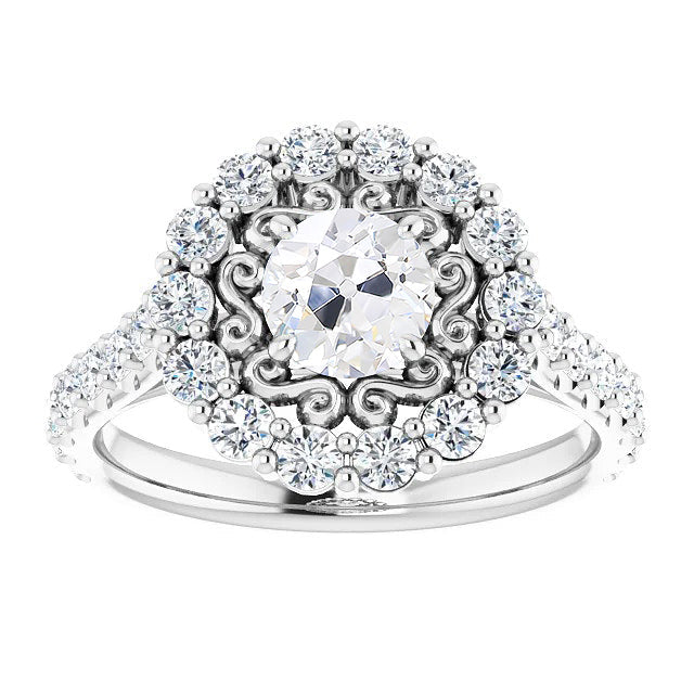 Brillante Cuscino Antico Anello con Pavé Halo in Oro 14 Carati Bianco – vista principale