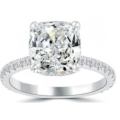 Hidden Halo Anello Di Fidanzamento Con Naturale Diamante A Cuscino 4,35 Carati Scintillante Oro Bianco 14K