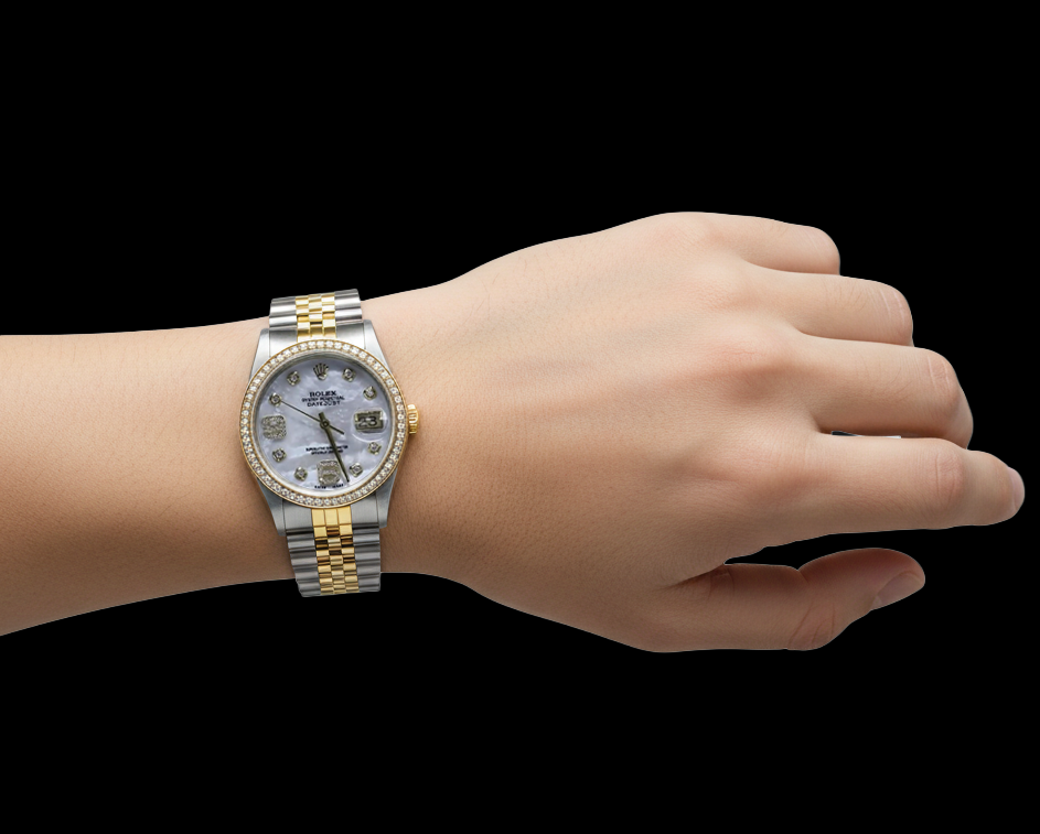 Lunetta con diamanti Rolex 34 mm Date Watch rivestita da 2 carati di diamanti personalizzati bicolore