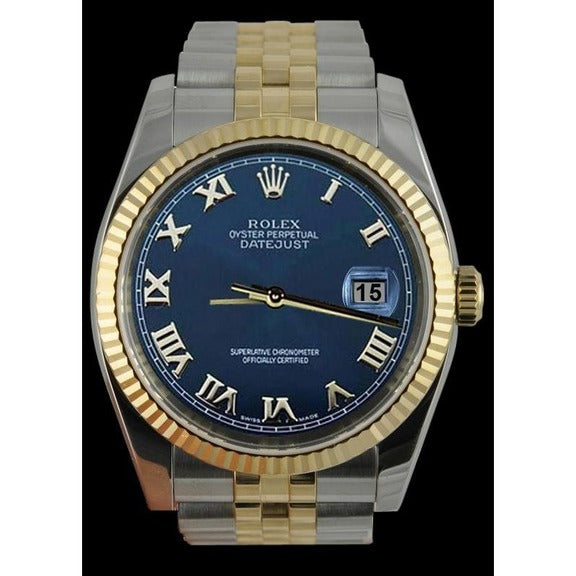 Lunetta Rolex Date Orologio Quadrante Blu Romano Acciaio inossidabile e Oro giubileo IMPOSTAZIONE RAPIDA