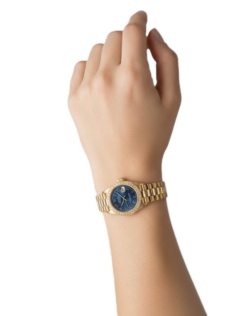 Lunetta con diamanti Quadrante blu romano Orologio Rolex in oro giallo stile presidenziale Datejust P2