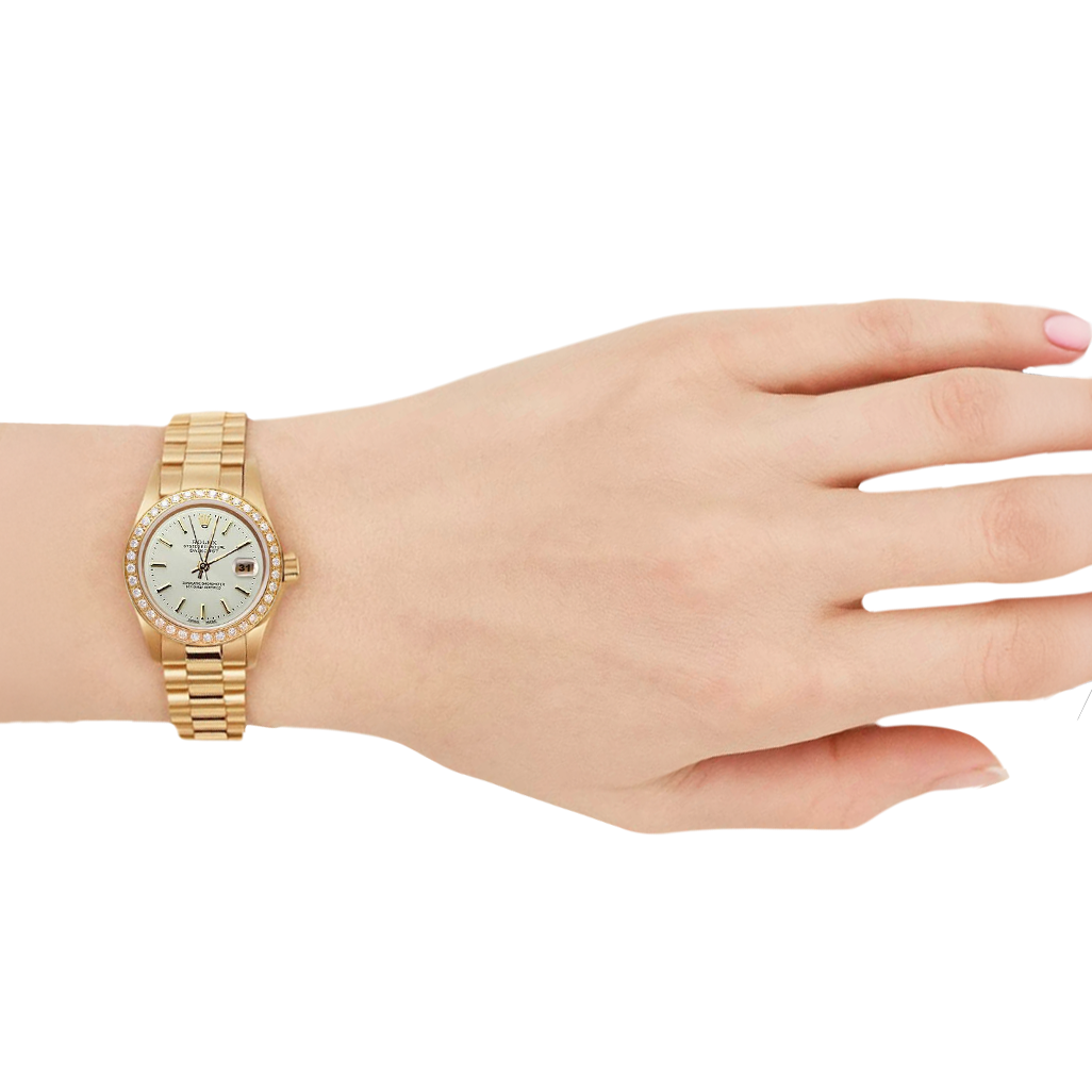 Lunetta con diamanti Rolex Datejust stile presidenziale Orologio quadrante bianco a bastoncino Oro giallo