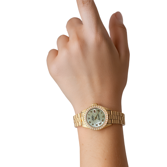 Madreperla bianca Quadrante romano Orologio presidenziale Rolex Datejust Lunetta con diamanti Oro P2