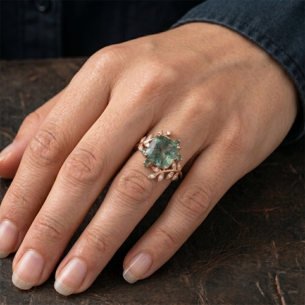 Moss Agate Anello con Pietra Preziosa 3,0 carati F/VS1 – Oro